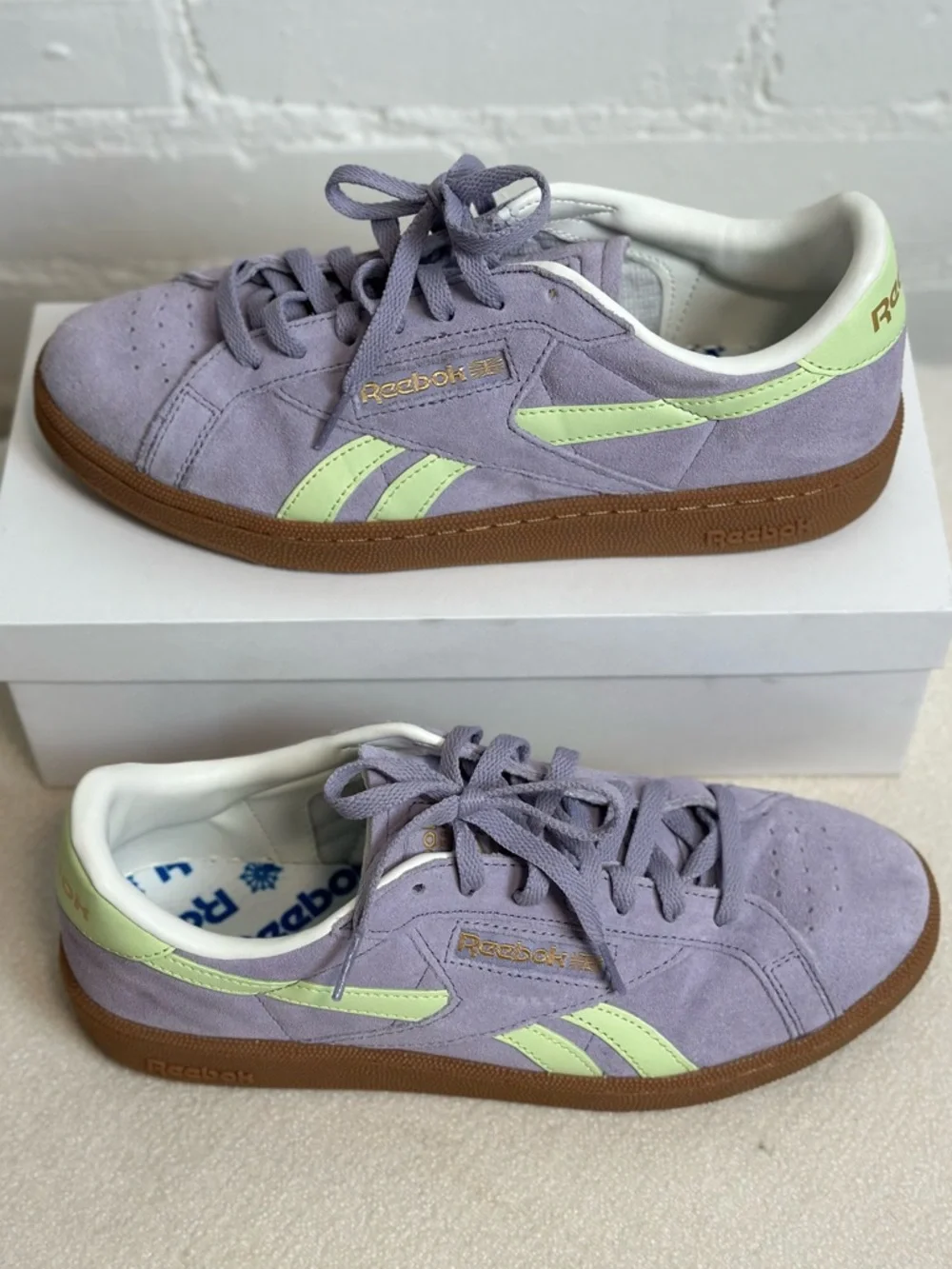 Reebok Lavender Suede Club C Grounds UK Sneakers with Neon Lime Size 10 - Picture 2 of 8